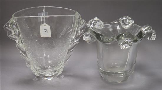 Daum, Nancy, France, a heavy clear glass vase with shell-moulded rim and another vase by Jane Charles H 20cm & 23cm